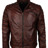 Men's Dark Brown Padded Waxed Genuine Leather Motorcycle Jacket