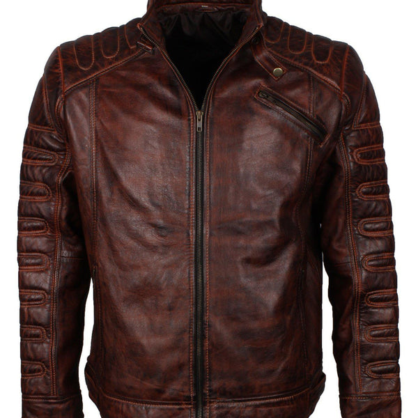 Men's Dark Brown Padded Waxed Genuine Leather Motorcycle Jacket