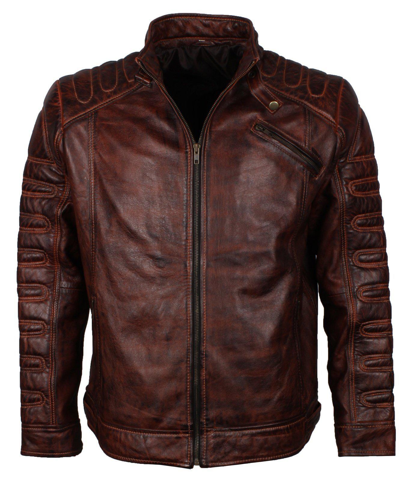 Men's Dark Brown Padded Waxed Genuine Leather Motorcycle Jacket