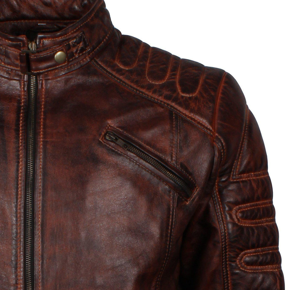Men's Dark Brown Padded Waxed Genuine Leather Motorcycle Jacket