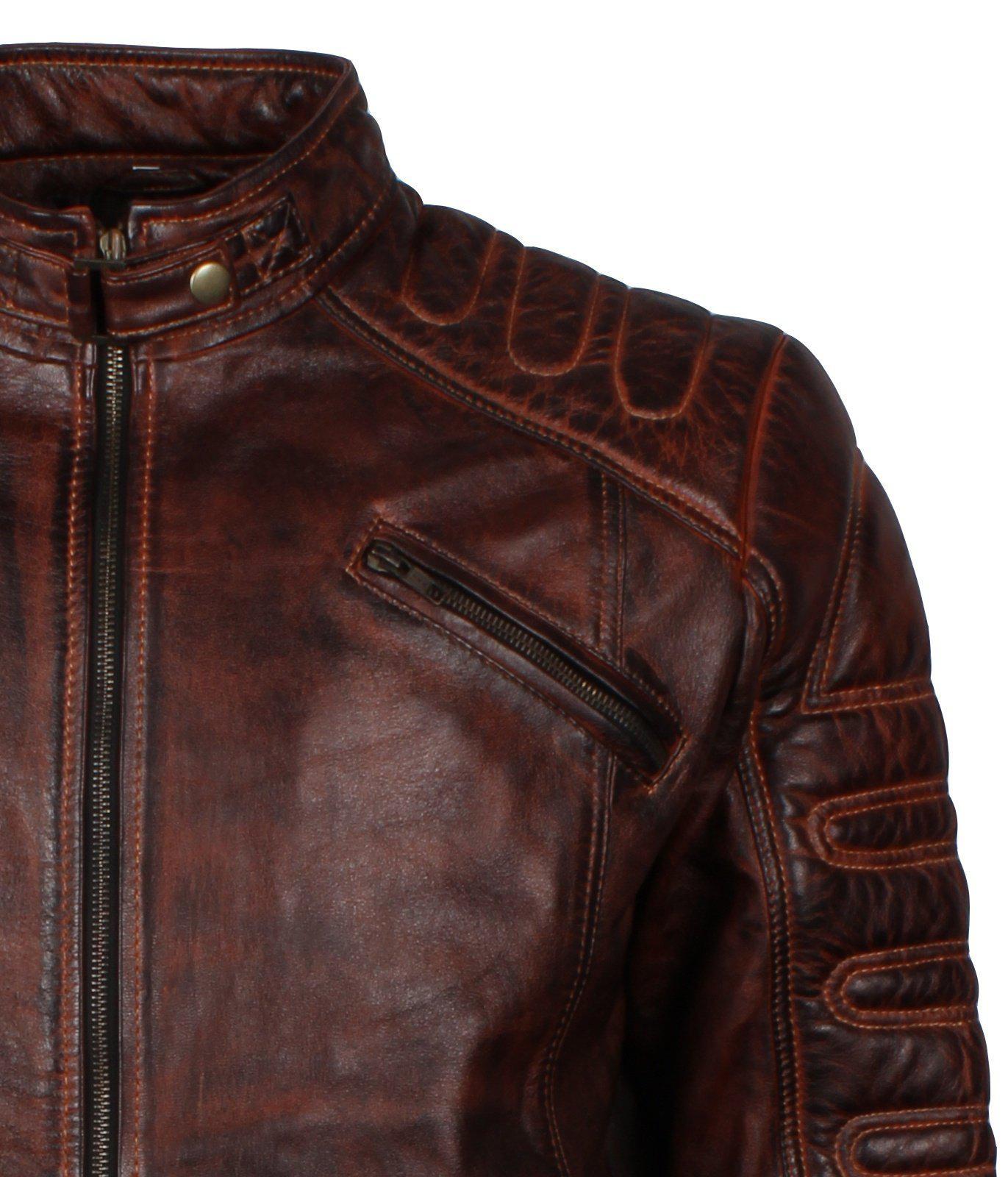 Men's Dark Brown Padded Waxed Genuine Leather Motorcycle Jacket