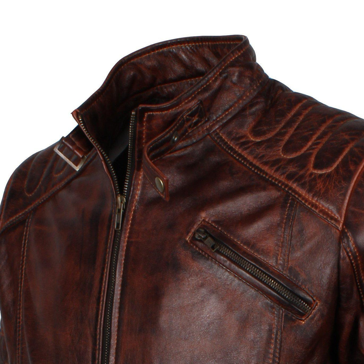 Men's Dark Brown Padded Waxed Genuine Leather Motorcycle Jacket