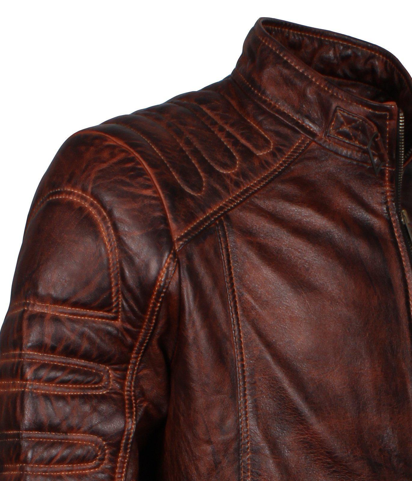 Men's Dark Brown Padded Waxed Genuine Leather Motorcycle Jacket