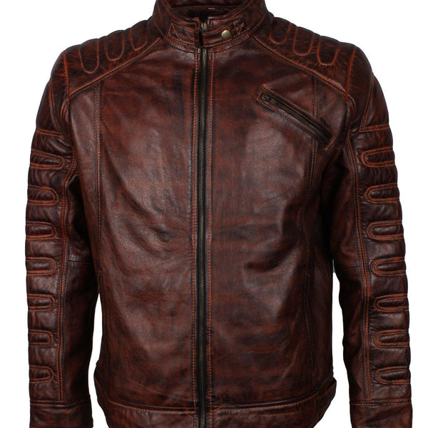 Men's Dark Brown Padded Waxed Genuine Leather Motorcycle Jacket