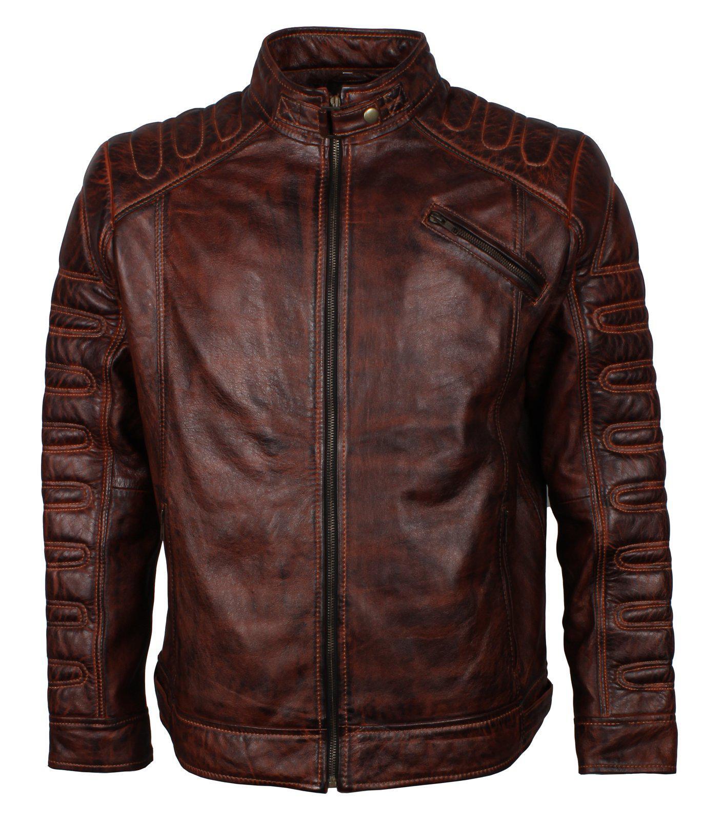Men's Dark Brown Padded Waxed Genuine Leather Motorcycle Jacket