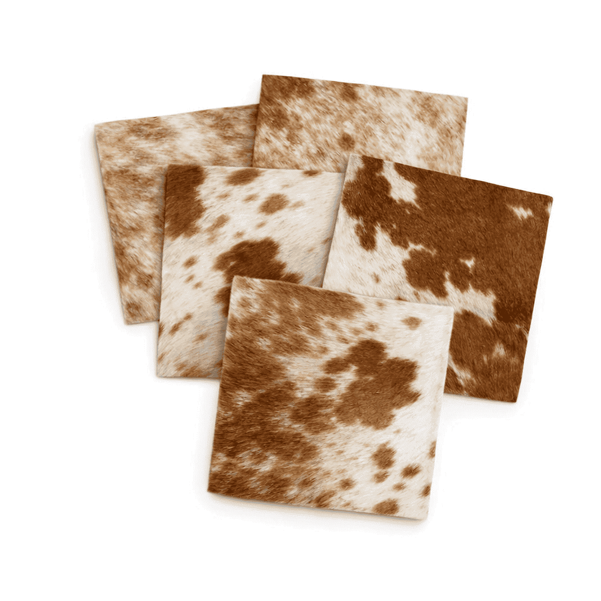 Brown & White Hair-On Cowhide Sheets 12x12 Pack of 5, showing 5-pack stacked sheets