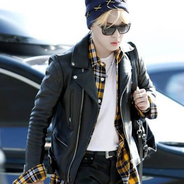 Jimin Airport Fashion Black Biker Leather Jacket