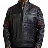 Quilted Shoulder Black Biker Leather Jacket