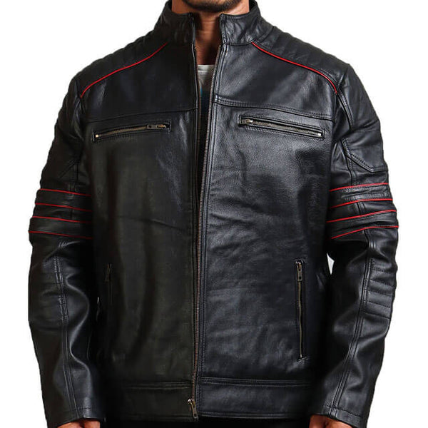 Quilted Shoulder Black Biker Leather Jacket