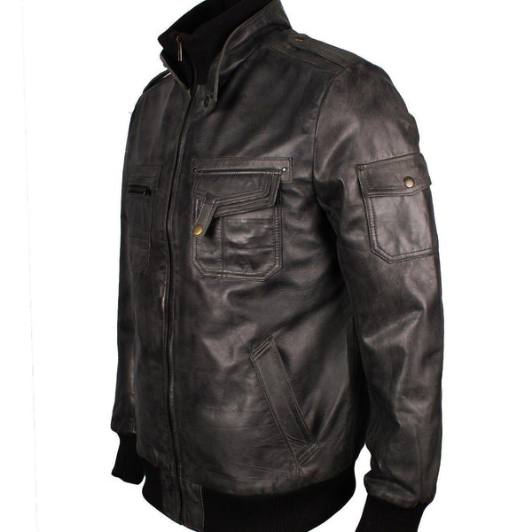 Men's Grey Classic Bomber Genuine Leather Jacket