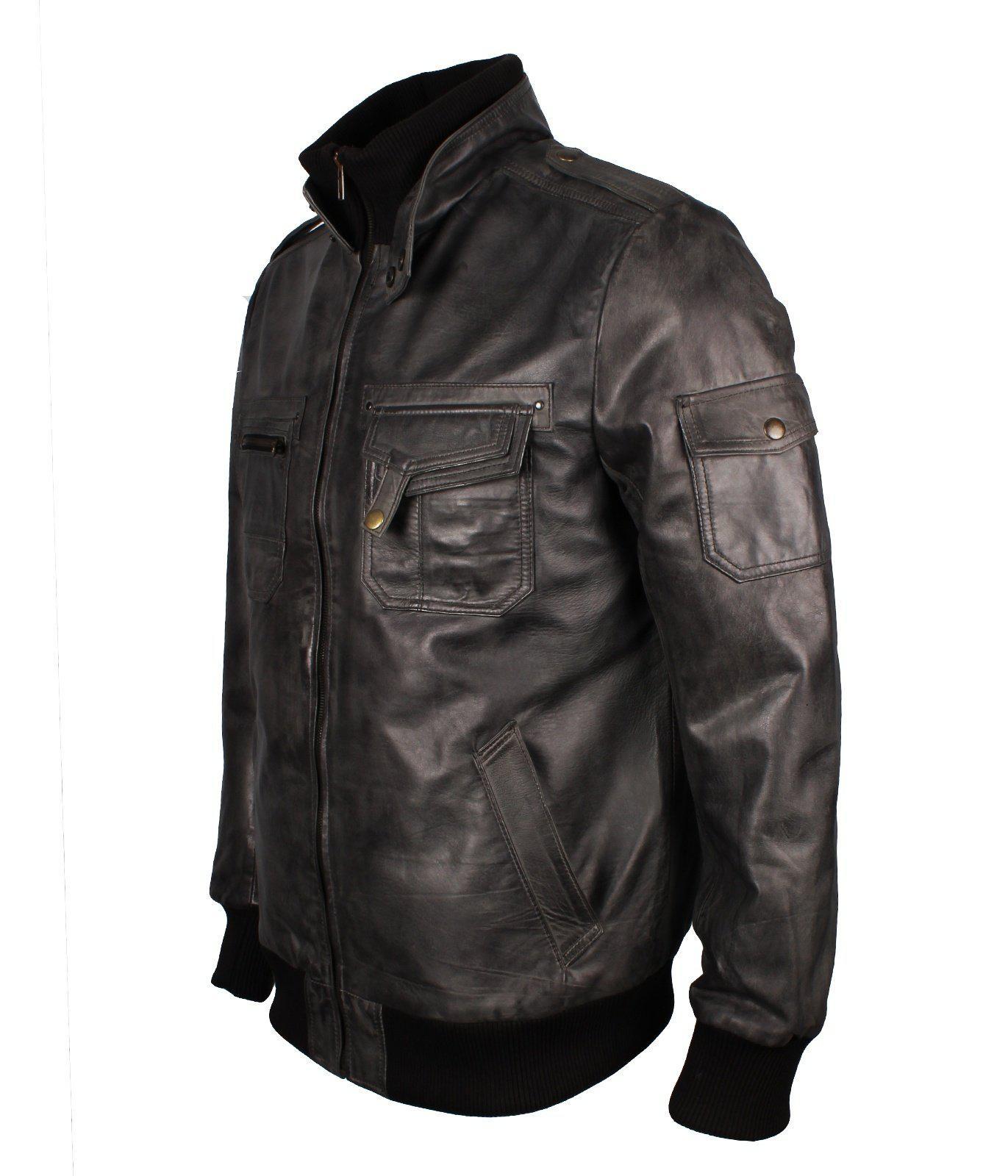 Men's Grey Classic Bomber Genuine Leather Jacket