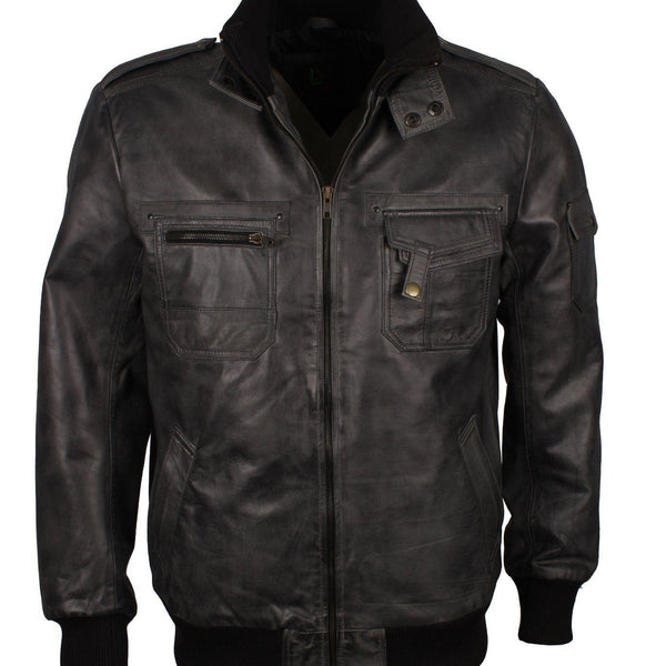 Men's Grey Classic Bomber Genuine Leather Jacket