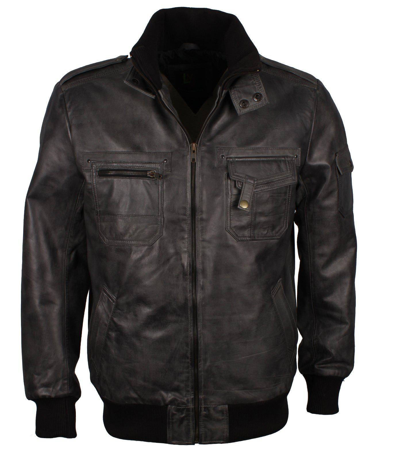 Men's Grey Classic Bomber Genuine Leather Jacket