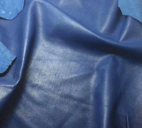 Blue Nappa Sheepskin Leather Hide AA Grade, showing smooth surface and soft folds