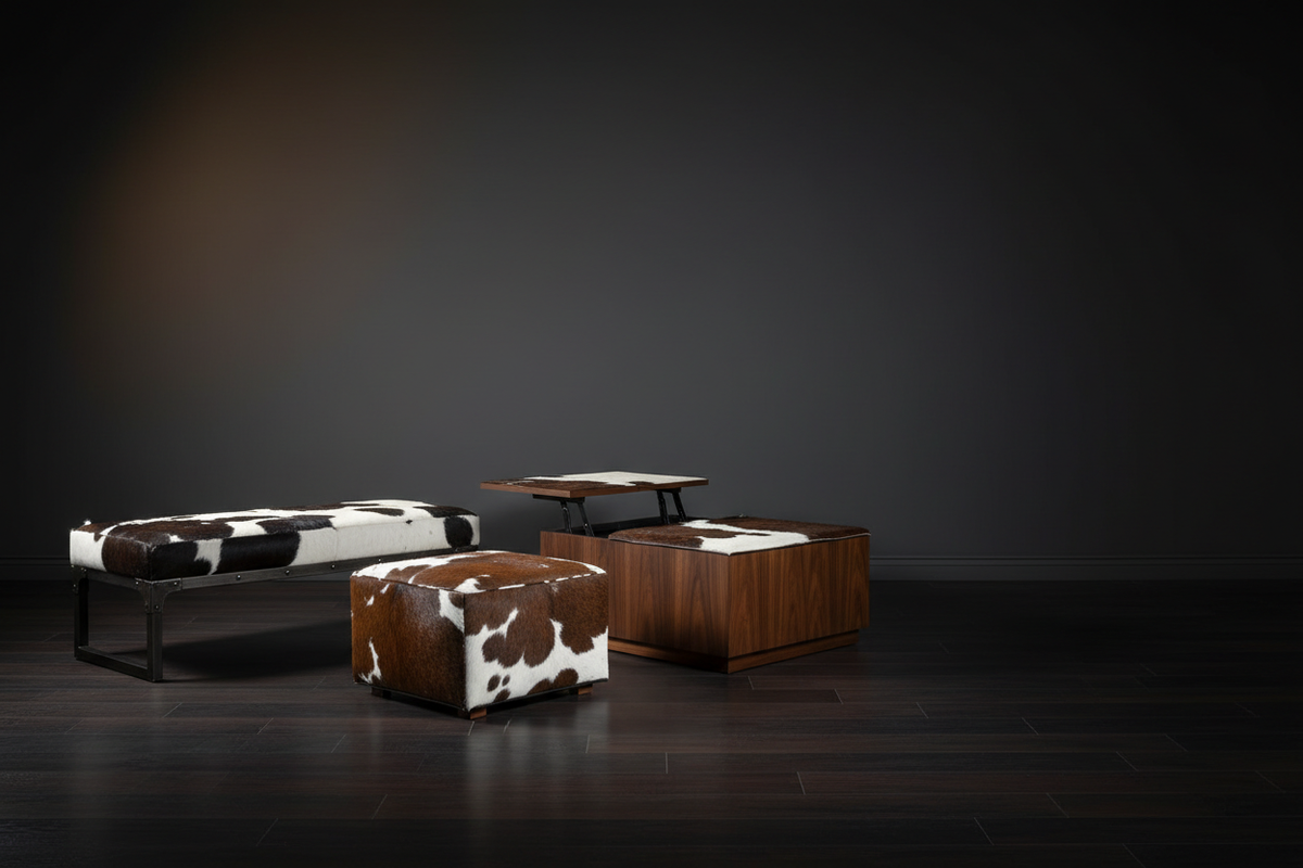 Signature Cowhide Furnishings – Bench Ottoman, Square Ottoman, Coffee Table