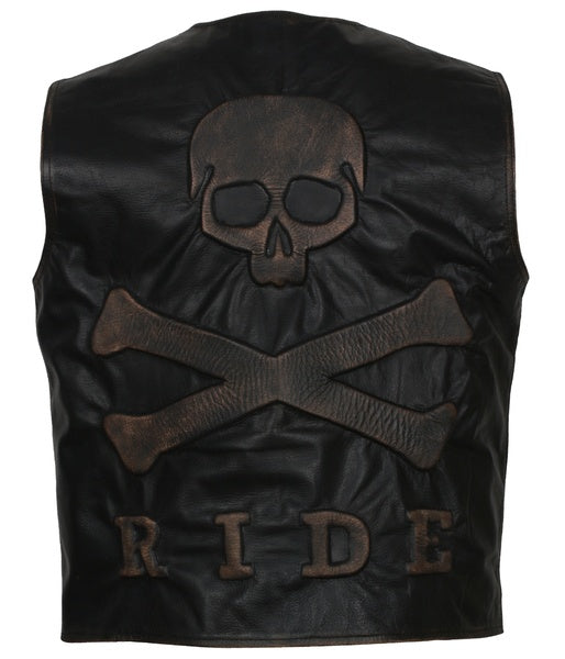 Men's Skull and Crossbones Black Leather Motorcycle Vest