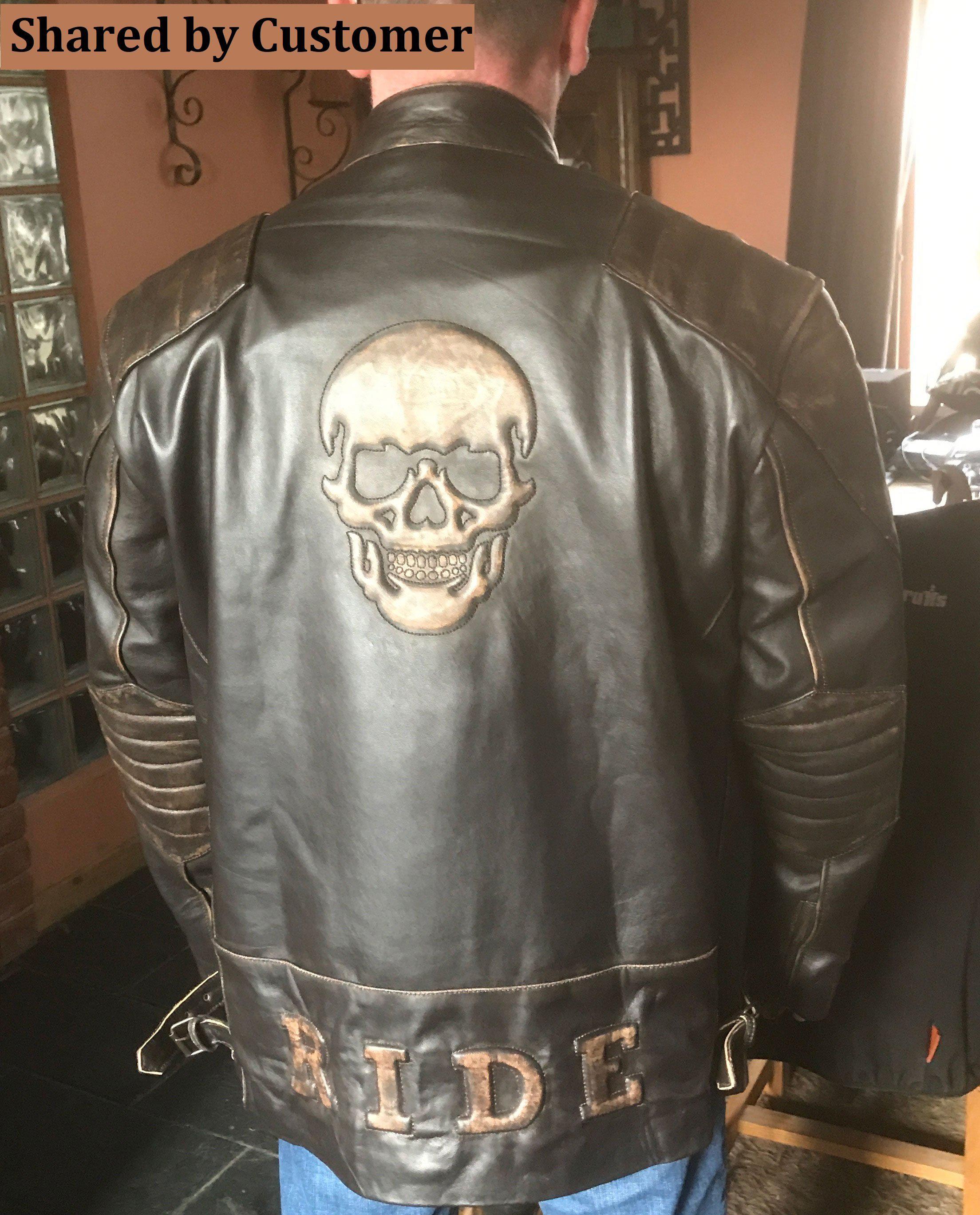 Men's Black Skull Embossed Ride Genuine Leather Biker Jacket