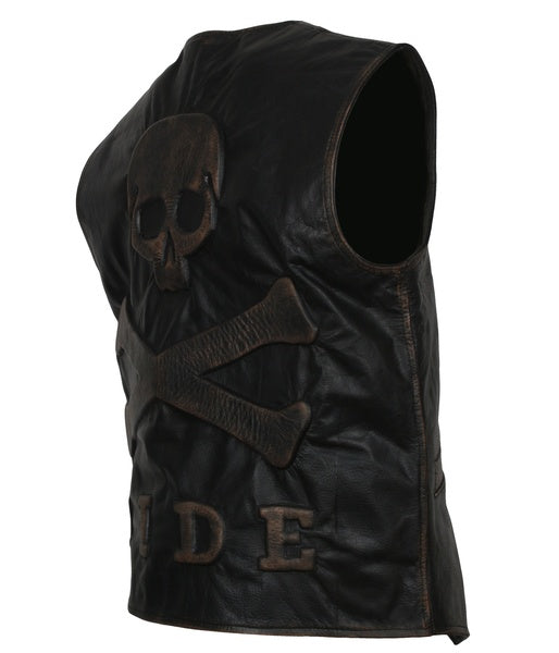 Men's Skull and Crossbones Black Leather Motorcycle Vest