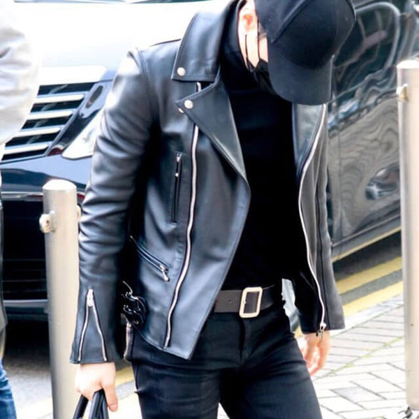 BTS Suga Black Biker Leather Jacket
