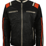 Black Retro Men's Biker Leather Jacket with Stripes