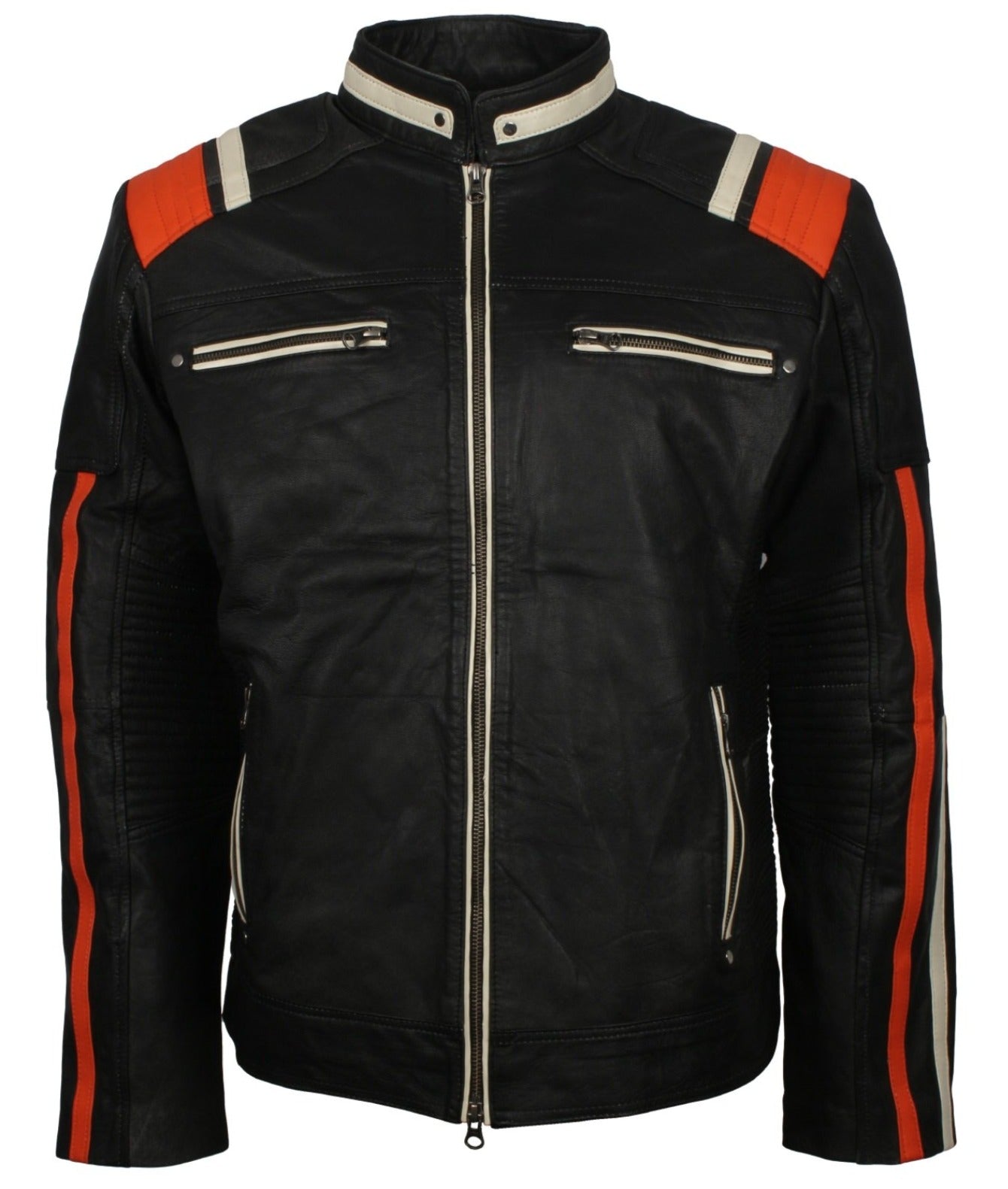 Black Retro Men's Biker Leather Jacket with Stripes